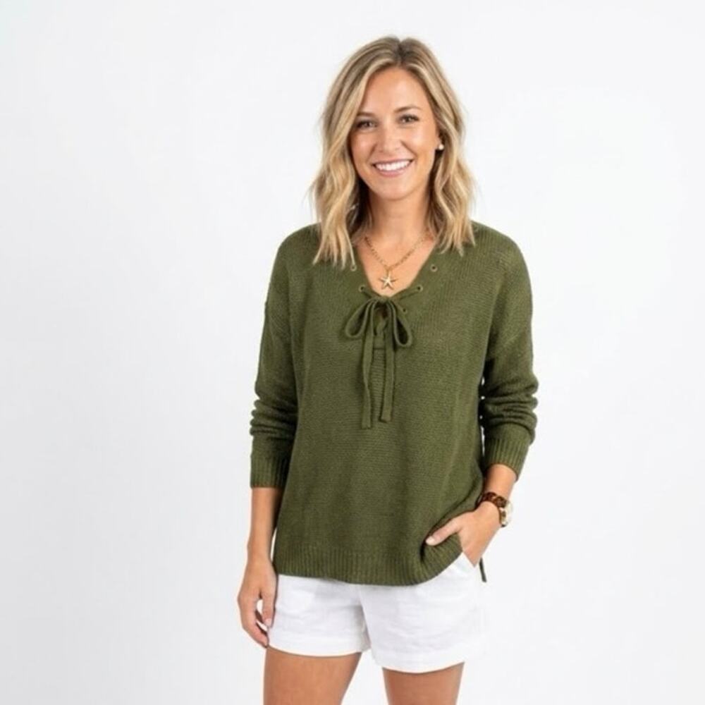J. CREW Women's XL Linen Open Knit Sweater Olive Army Green Lace Up V Neck